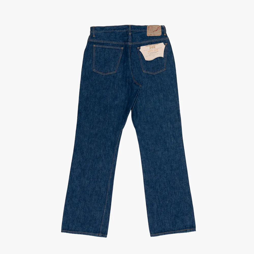 Back view of the Orslow x Clothierandsons 202 Shoe Cut Jeans One Wash featuring the back pockets and one-wash finish.