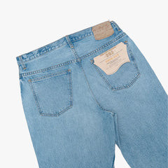 Close-up of the back pocket showing stitching, pocket shape, and worn-in texture.
