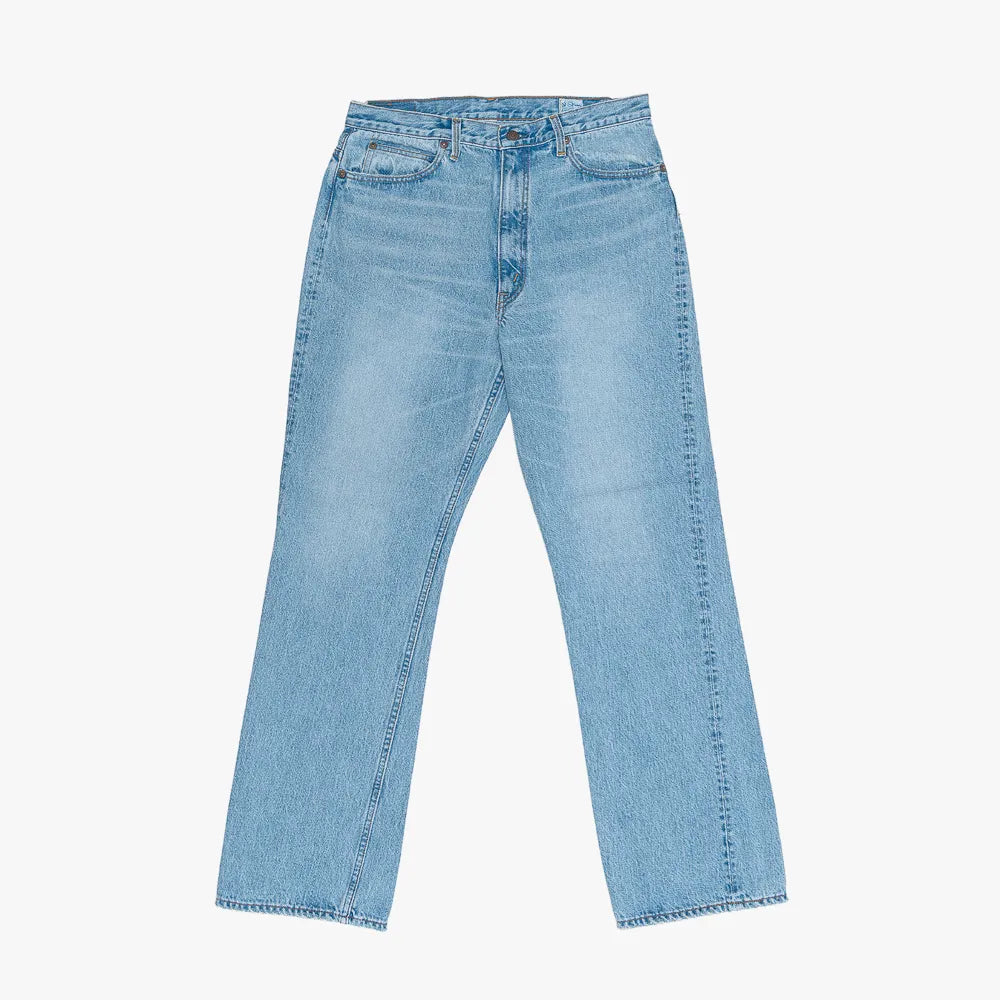 Full-length view of the Orslow x Clothierandsons 202 Shoe Cut Jeans Sky Blue showcasing the shoe-cut silhouette and vintage wash.