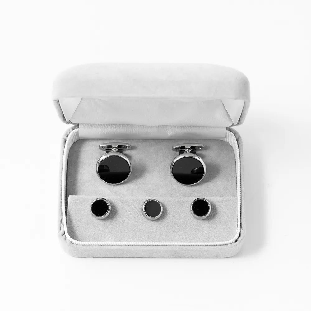 Refinement Formal Cuffs & Stud Set Onyx Silver Round Front View