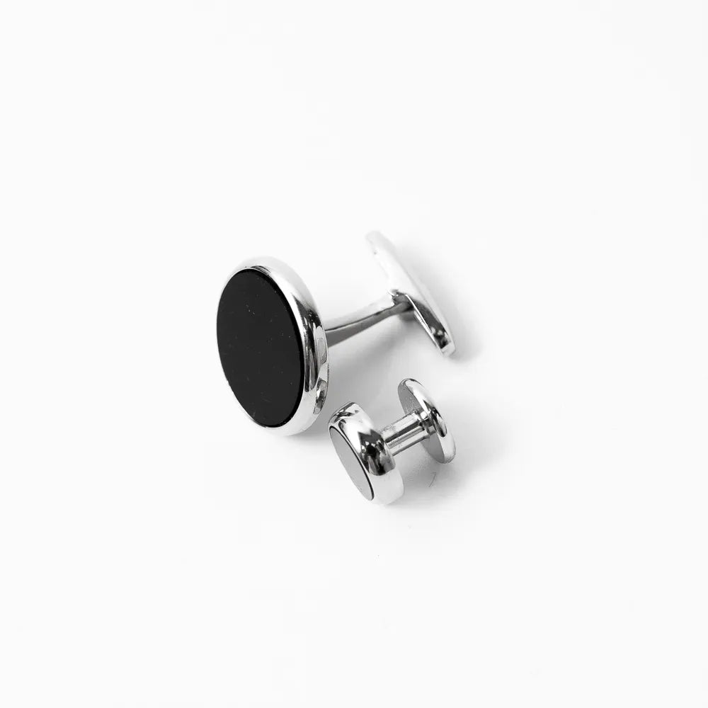 Refinement Formal Cuffs & Stud Set Onyx Silver Round Silver Finish Detail