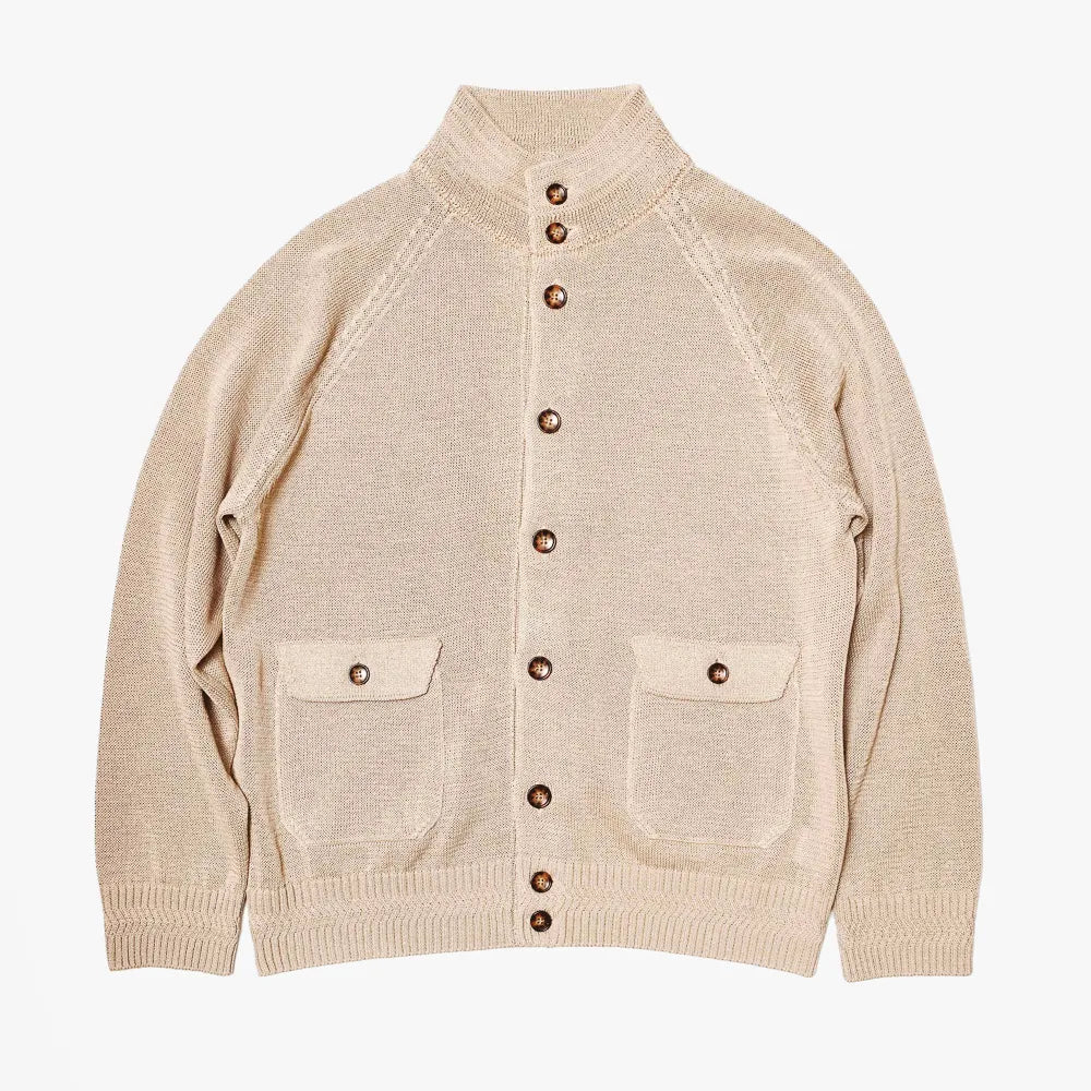 Front view of the Refinement Knitwear Essential Raglan Bomber Knit Jacket in beige showing the clean silhouette and zip-front design.