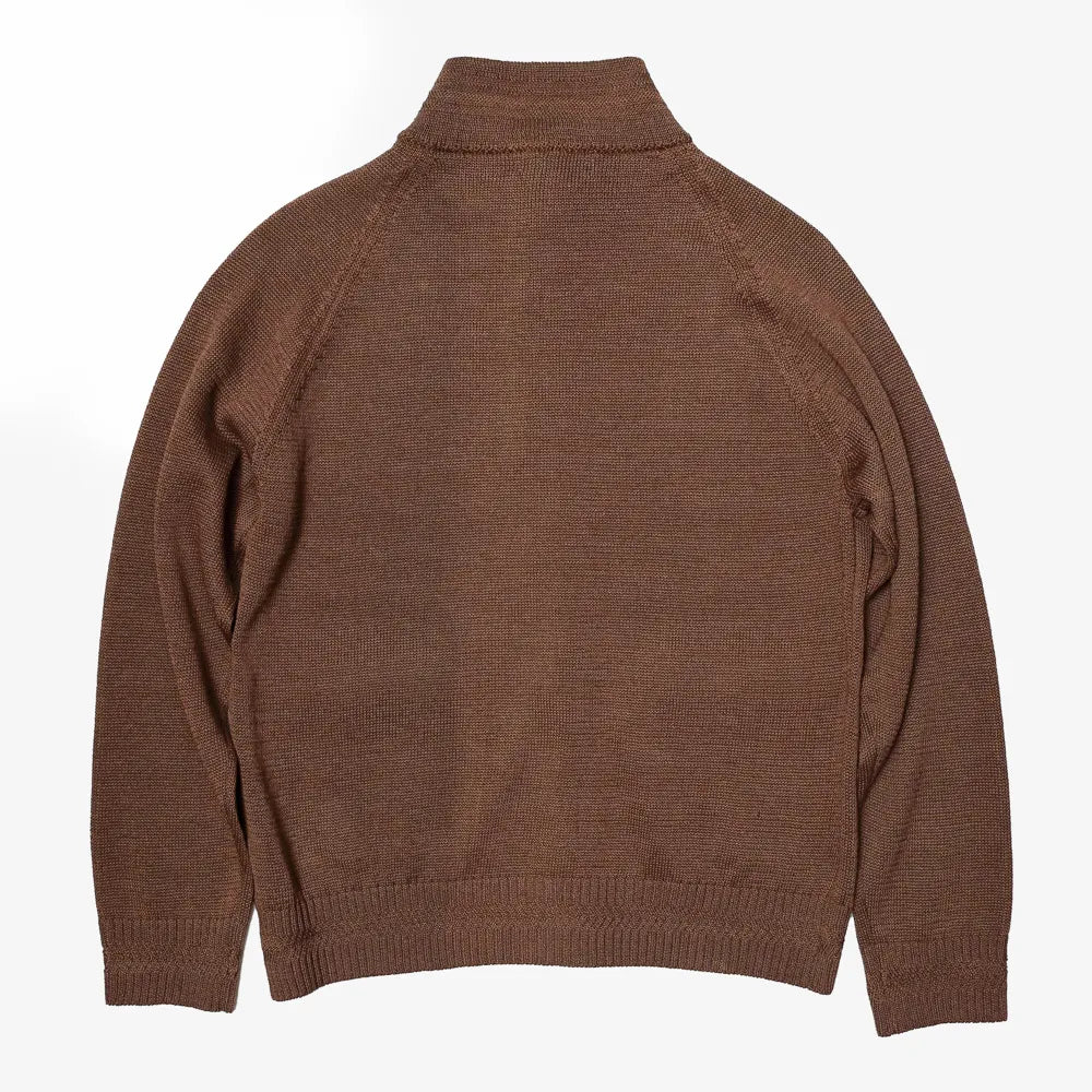 Back view of the brown raglan bomber knit jacket highlighting the seamless raglan construction and smooth knit texture.