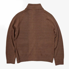 Back view of the brown raglan bomber knit jacket highlighting the seamless raglan construction and smooth knit texture.
