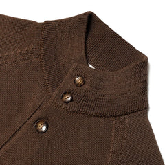Close-up of the knit bomber collar showing rib-knit structure, button placement, and refined brown yarn texture.