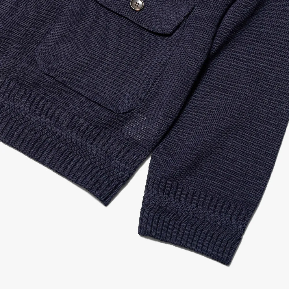 Close-up of the pocket and cuff showing rib texture, knit finishing, and deep navy yarn tone.