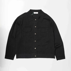 Front view of the Refinement Knitwear Essential Trucker Jacket Black showing the structured knit trucker silhouette and deep black tone.
