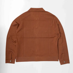 Back view of the brown knit trucker jacket highlighting smooth knit construction, clean back panel, and refined shaping.