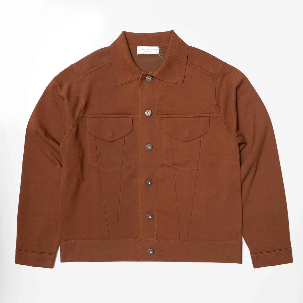 Front view of the Refinement Knitwear Essential Trucker Jacket Brown showing the structured knit trucker silhouette, front pockets, and warm brown textured knit.