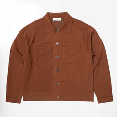 Front view of the Refinement Knitwear Essential Trucker Jacket Brown showing the structured knit trucker silhouette, front pockets, and warm brown textured knit.