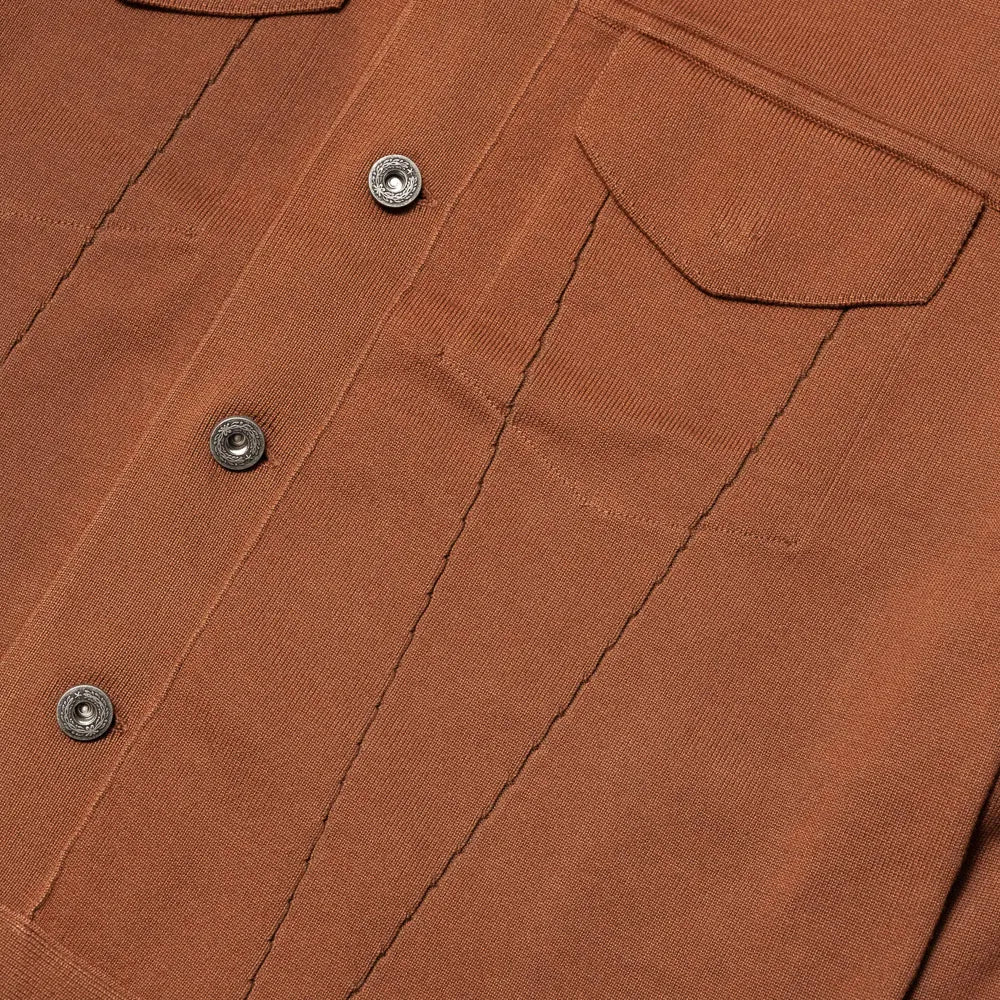 Close-up of the pocket and cuff showing rib structure, knit stitching, and the warm brown yarn texture.