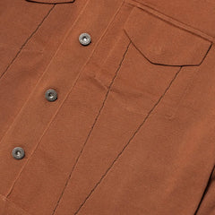 Close-up of the pocket and cuff showing rib structure, knit stitching, and the warm brown yarn texture.