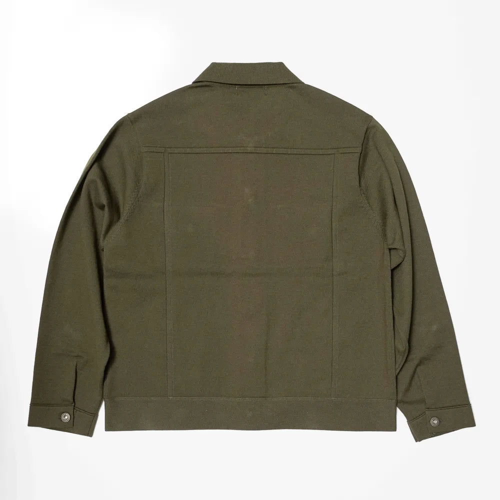Back view highlighting the clean knit construction and smooth drape in olive.