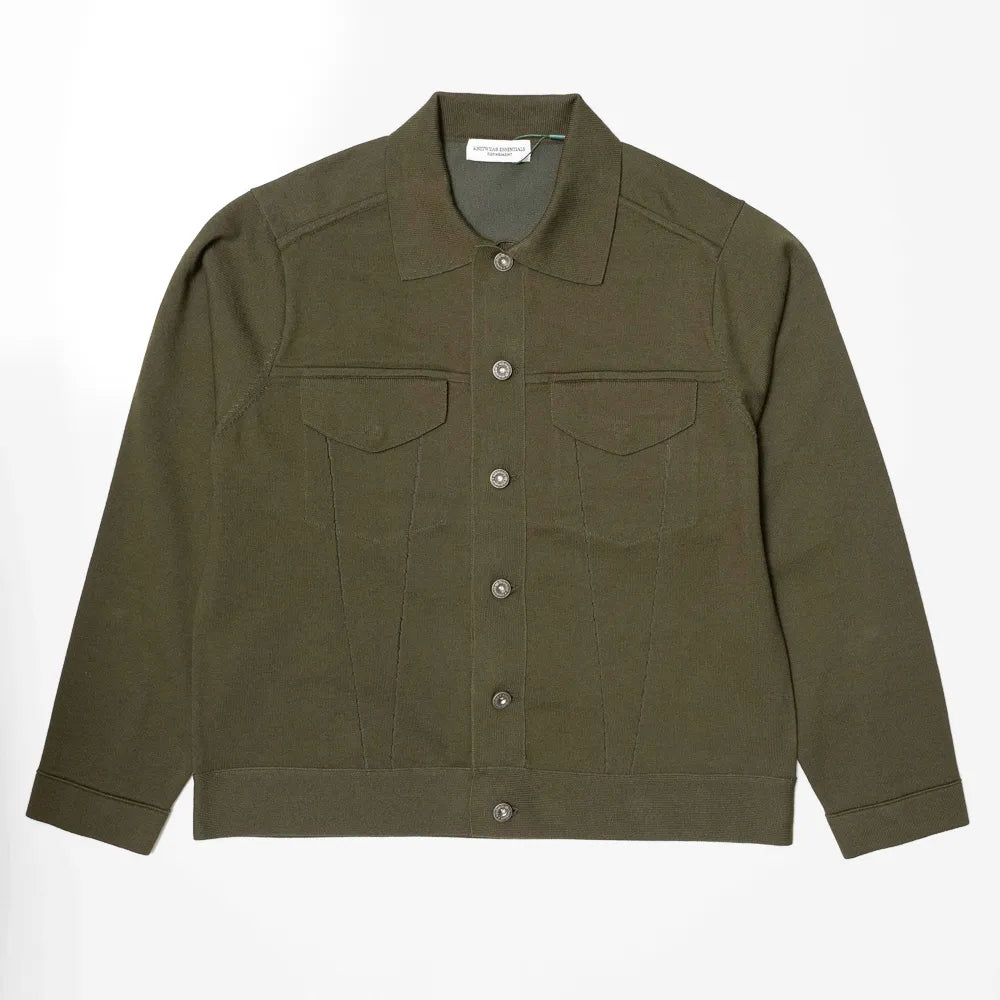 Front view of the Refinement Knitwear Essential Trucker Jacket Olive showing the structured knit trucker silhouette and rich olive tone.