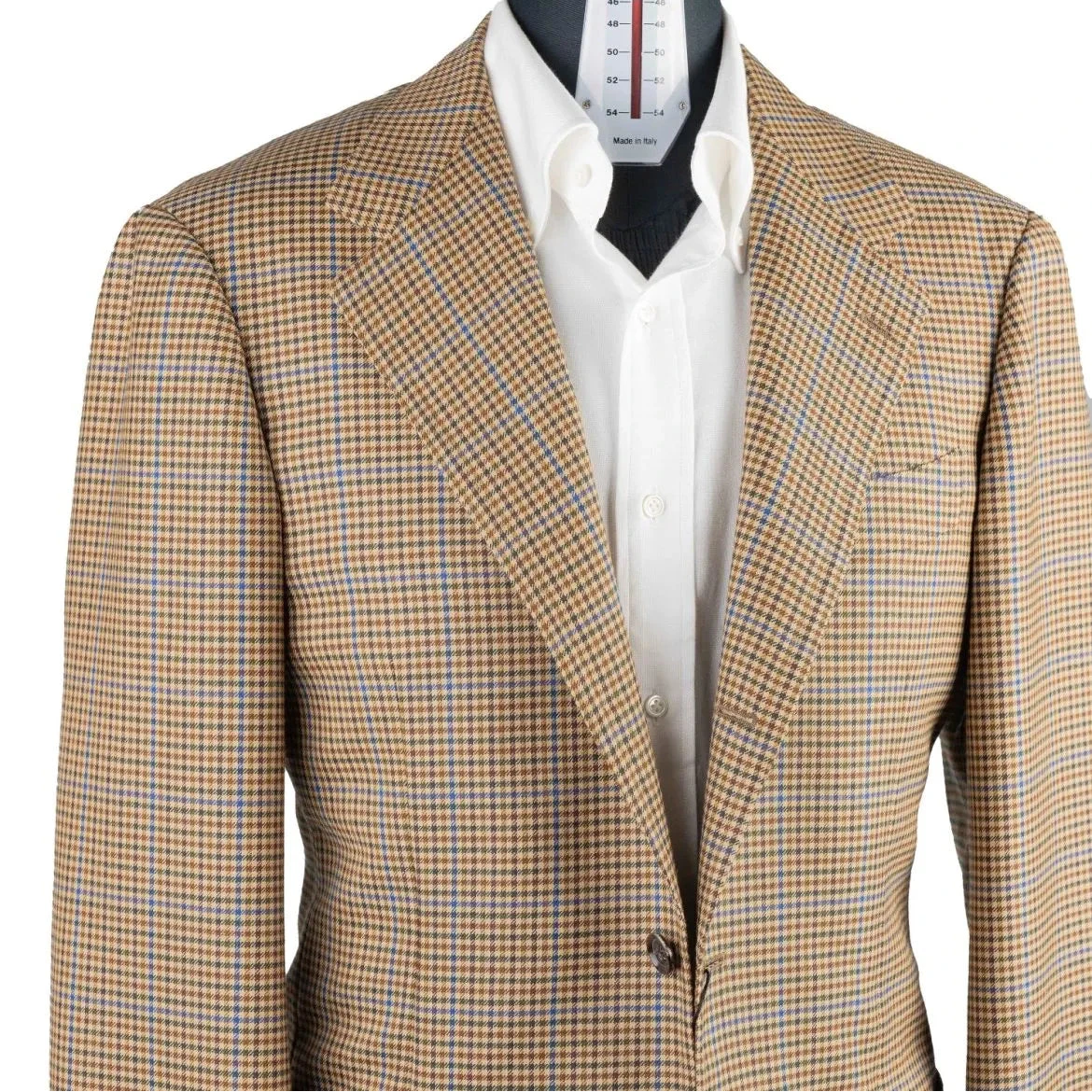 Close-up of the lapel on the RMJ-03 Gunclub Windowpane Jacket showing the lapel roll, edge stitching, and textured Moon & Sons wool pattern.