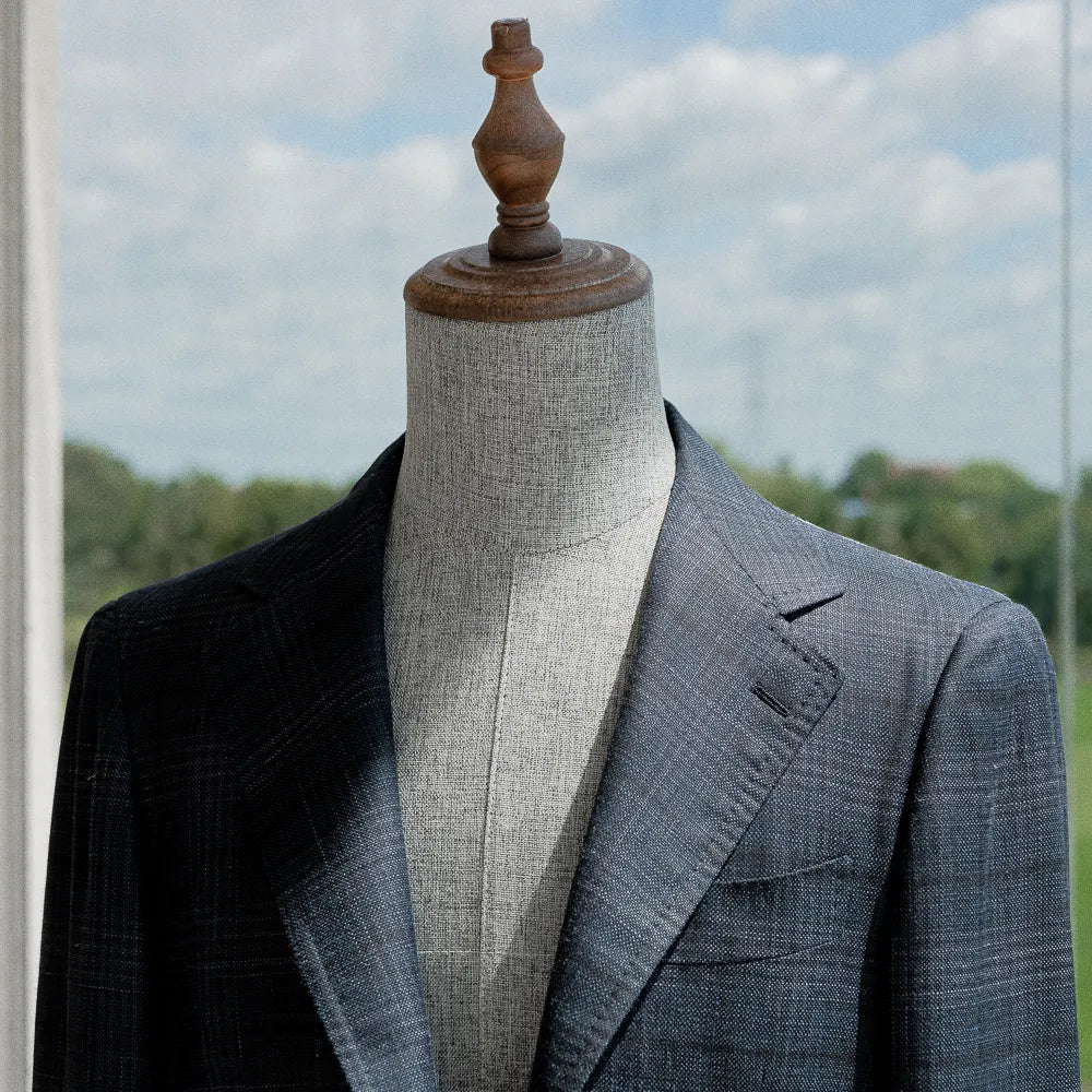 Refinement Made By Ring Jacket Rmj-03 Single Breasted Jacket Loro Piana Navy Glen Check Summertime Lapel Detail