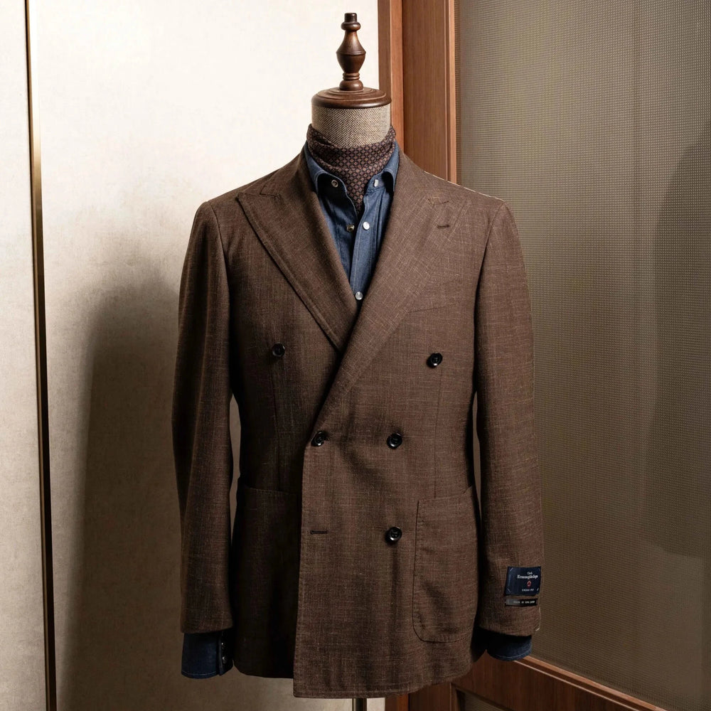 Front view of the Refinement Made By Ring Jacket RMJ-04 Sport Jacket Dark Brown by Ermenegildo Zegna showing the double-breasted silhouette, peak lapels, and rich dark brown tone.