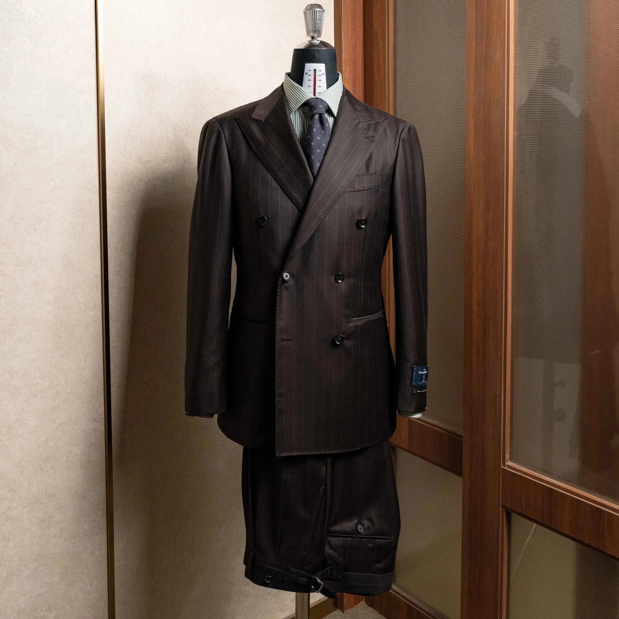 Full set view of the Refinement Made By Ring Jacket RMJ-04 Suit Chalk Stripe Dark Brown by Ermenegildo Zegna Electa showing the jacket and trousers together in a refined tailored silhouette.