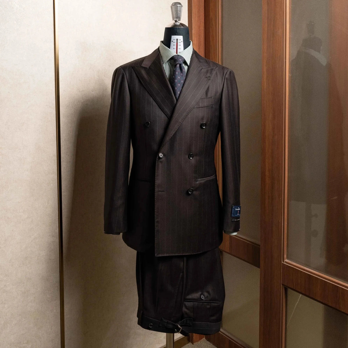 Full set view of the Refinement Made By Ring Jacket RMJ-04 Suit Chalk Stripe Dark Brown by Ermenegildo Zegna Electa showing the jacket and trousers together in a refined tailored silhouette.