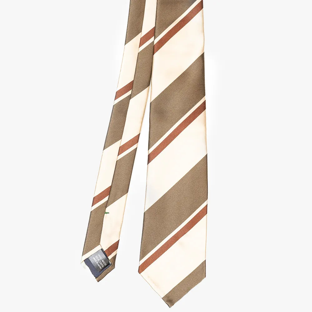 Front view of the Refinement stripe neck tie in ivory, navy, and brown featuring a classic diagonal stripe pattern.
