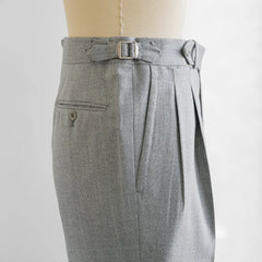 Close-up of the extended waistband tab, button, stitching, and texture of the Airesco fabric.