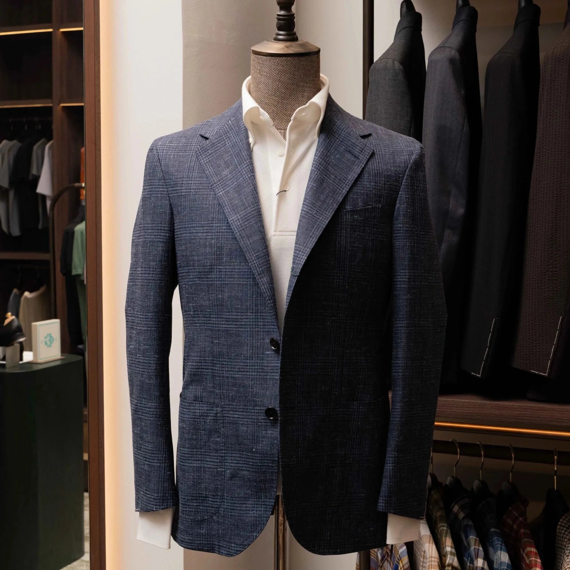 Front view of the Refinement Tailoring Rfmt-01 Sport Jacket Glen Checked Navy by Fratelli Tallia di Delfino showing the tailored silhouette and refined navy glen check pattern.