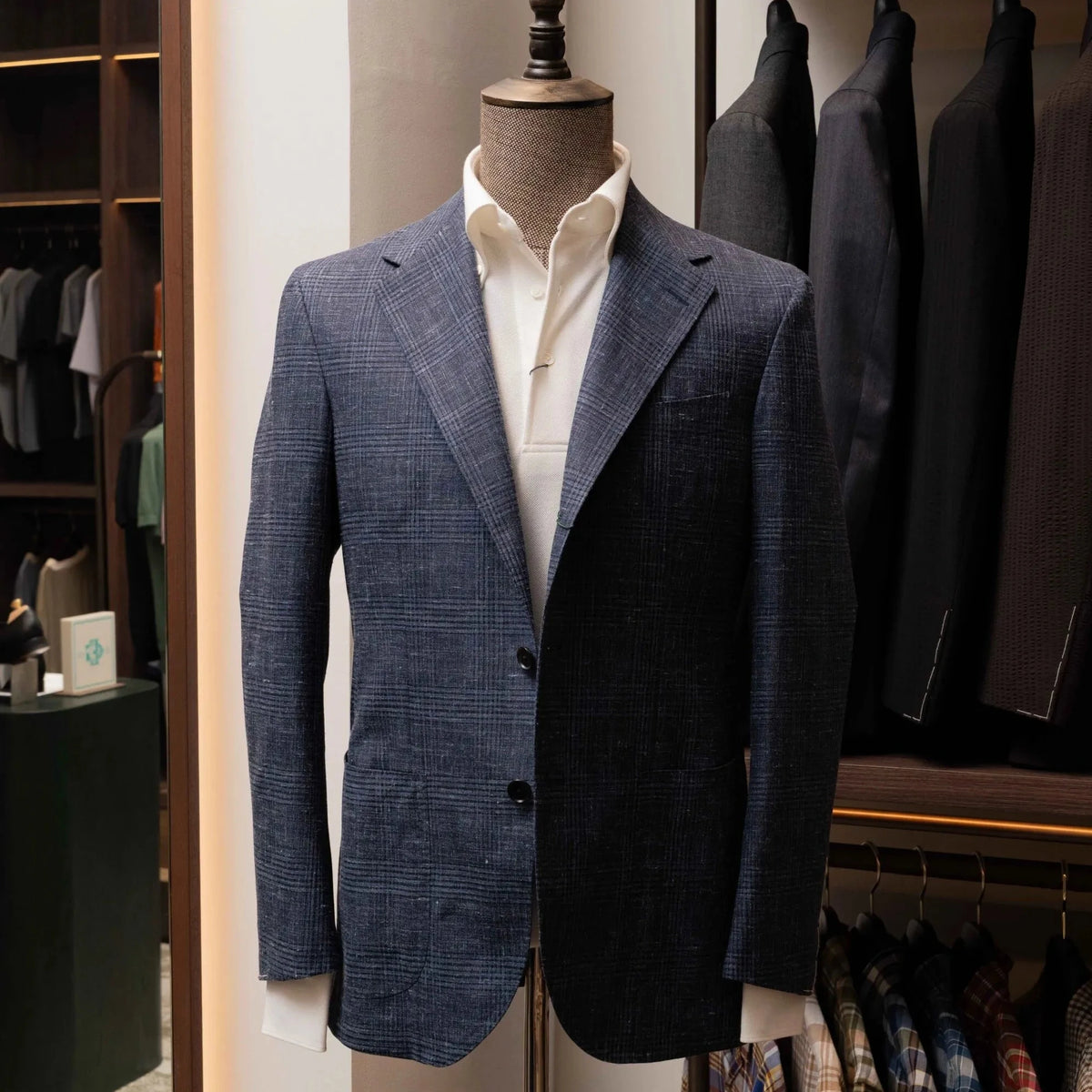 Front view of the Refinement Tailoring Rfmt-01 Sport Jacket Glen Checked Navy by Fratelli Tallia di Delfino showing the tailored silhouette and refined navy glen check pattern.