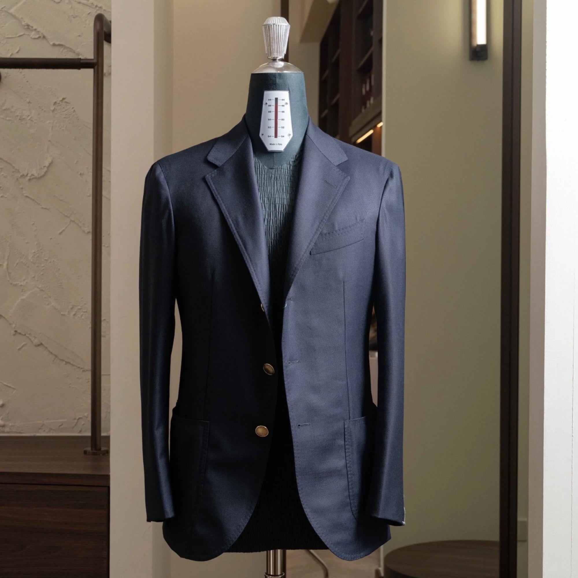 Front view of the Refinement Tailoring Rfmt-01 Sport Jacket in navy by Loro Piana featuring a soft structured silhouette.