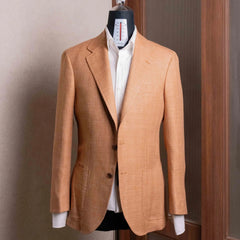 Front view of the Refinement Tailoring Rfmt-01 Sport Jacket Salmon Herringbone by E. Thomas showing the classic silhouette and warm salmon herringbone pattern.