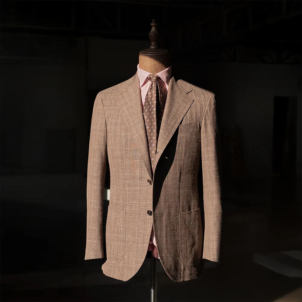 Front view of the Refinement Rfmt-01 Sport Jacket Summertime Brown by Loro Piana showing the soft shoulders, notch lapels, and lightweight Summertime fabric in warm brown.