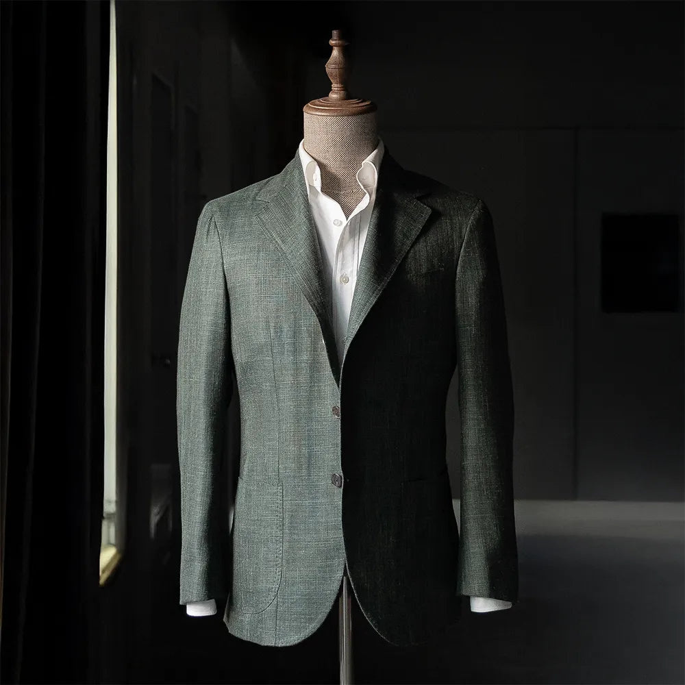 Front view of the Refinement Rfmt-01 Sport Jacket Summertime Green by Loro Piana showing the soft shoulders, notch lapels, and lightweight Summertime fabric in deep green.