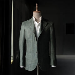 Front view of the Refinement Rfmt-01 Sport Jacket Summertime Green by Loro Piana showing the soft shoulders, notch lapels, and lightweight Summertime fabric in deep green.