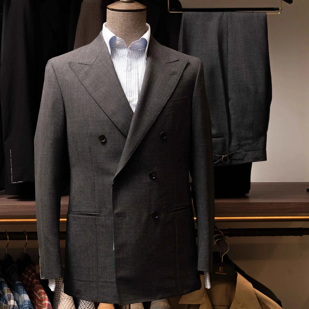 Front view of the Refinement Tailoring Rfmt-02 Double-Breasted Suit Jacket Mid Grey by Woodhead showing the structured silhouette and classic six-button DB layout.