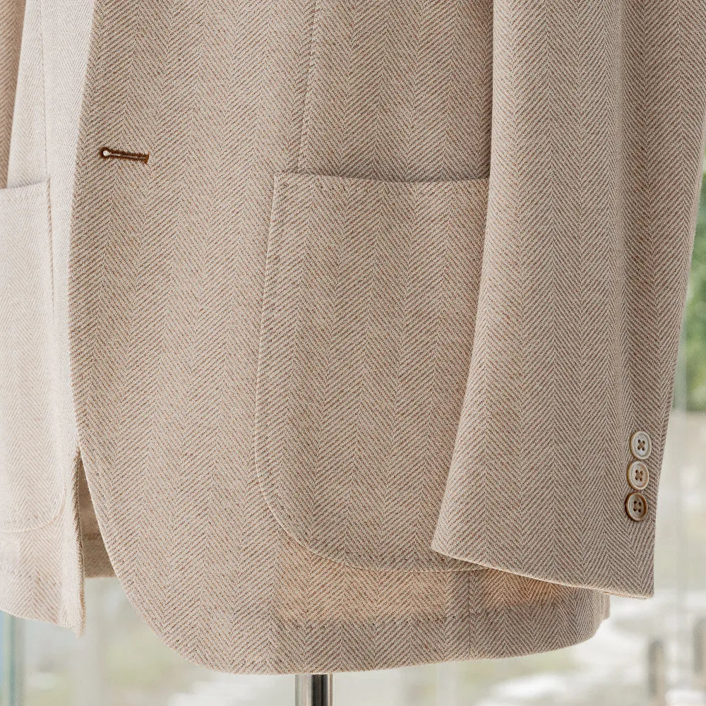 Ring Jacket Stand Collar Jacket Beige Herringbone Front Pocket Detail