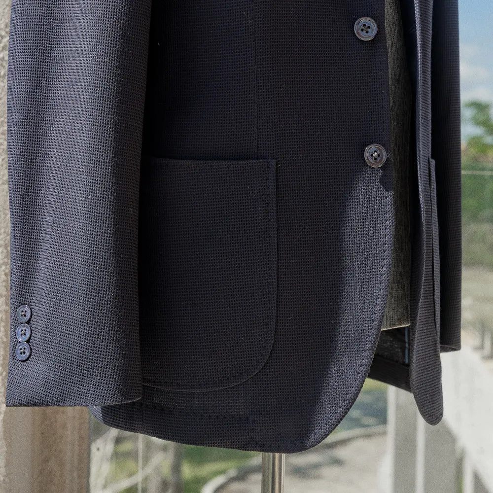 Ring Jacket Stand Collar Jacket Navy Front Pocket Detail