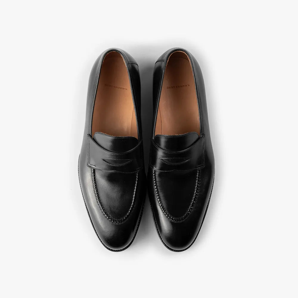 Top view of Saint Crispin’s 539 penny loafer in black crust calf with hand-stitched apron.