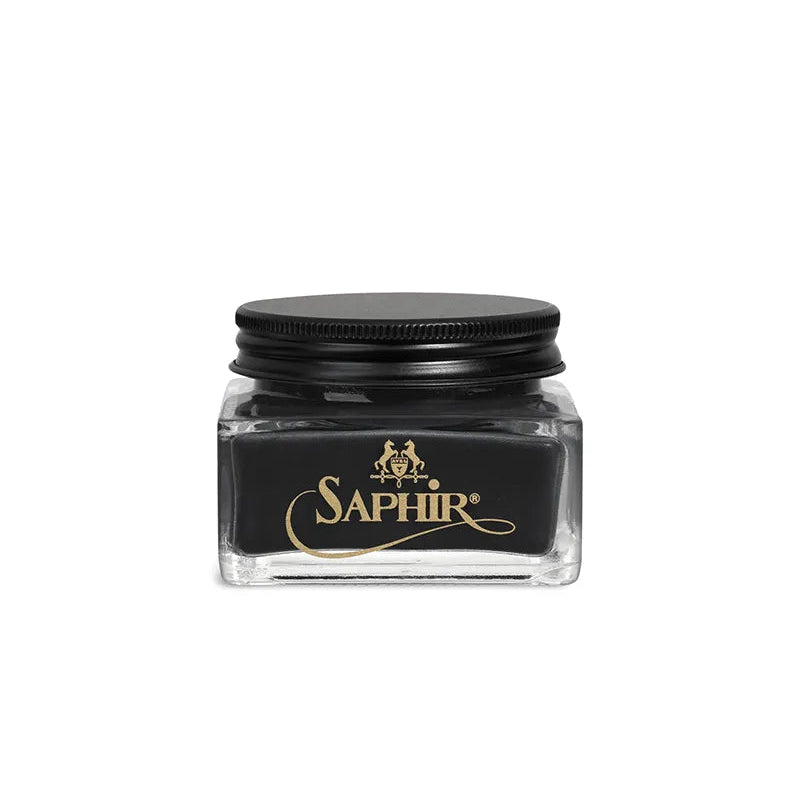 Saphir Cordovan Cream Black in a glass jar for premium leather care