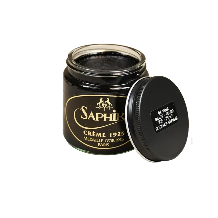Front view of Saphir Creme 1925 in Black, showing the premium glass jar and rich black cream color for deep leather nourishment.
