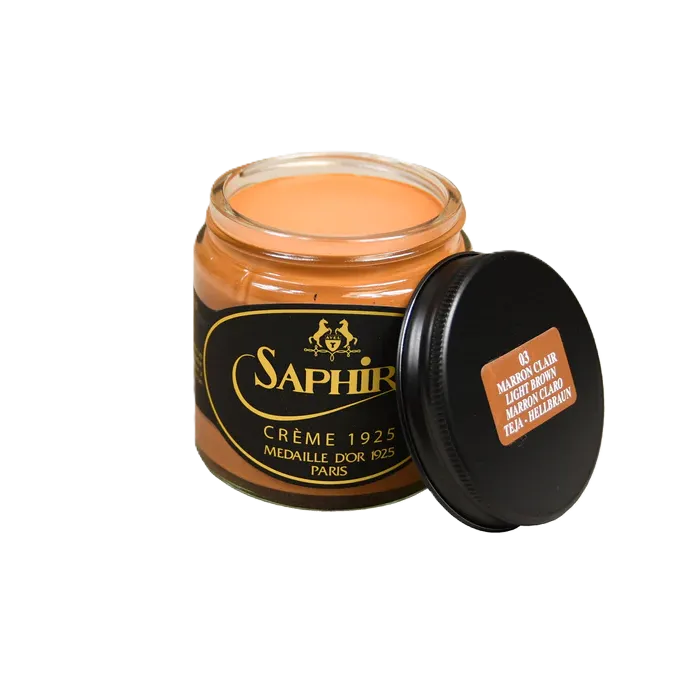 Front view of Saphir Creme 1925 in Light Brown, showing the warm light-brown cream shade for soft nourishment and subtle color enhancement.