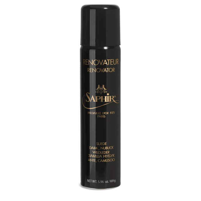 Front view of Saphir Suede Renovator showing the aerosol can design, premium label detailing, and product formulated for reviving and protecting suede and nubuck.