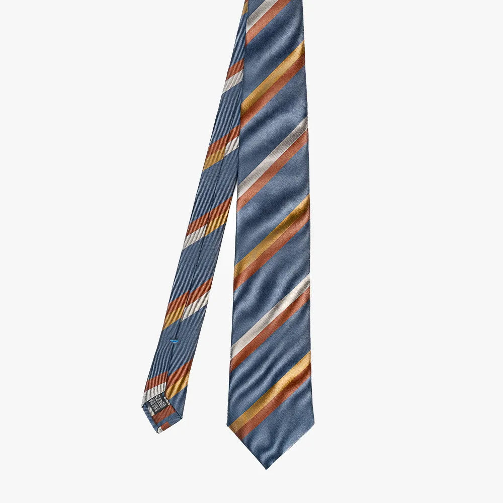 Full view of the Stefano Cau regimental tie in blue, mustard, and brick showing the classic striped pattern and refined proportions.
