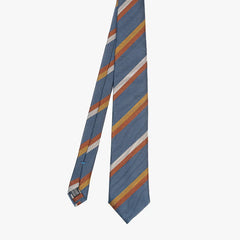 Full view of the Stefano Cau regimental tie in blue, mustard, and brick showing the classic striped pattern and refined proportions.
