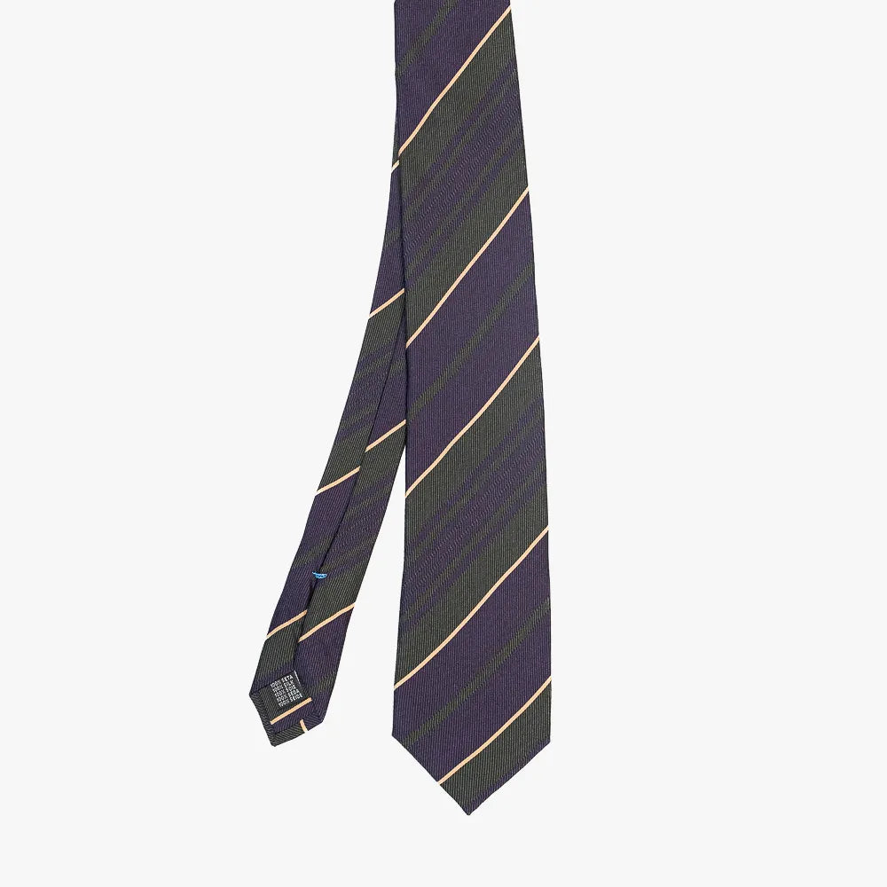 Full view of the Stefano Cau regimental tie in purple and green showing the classic striped pattern and refined proportions.
