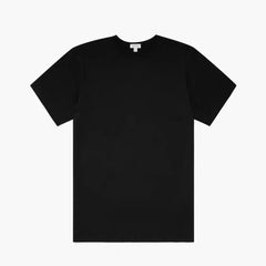 Front view of the Sunspel Classic T-shirt Black highlighting the clean tailored silhouette and deep black tone.
