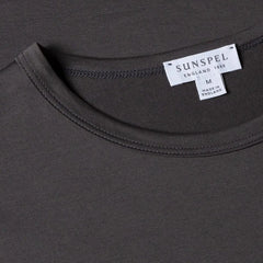 Close-up of the collar of the Sunspel Classic T-shirt Charcoal showing the fine cotton jersey and clean neckline.
