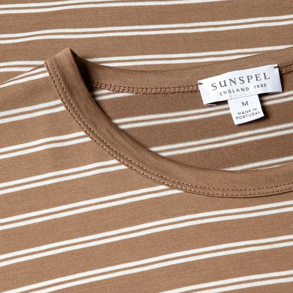 Close-up of the collar of the Sunspel Classic T-shirt Dark Sand / Ecru Tramline Stripe showing the fine cotton jersey and clean neckline.