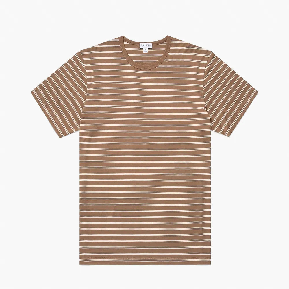 Front view of the Sunspel Classic T-shirt Dark Sand / Ecru Tramline Stripe highlighting the straight silhouette and subtle tramline stripe pattern.