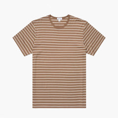 Front view of the Sunspel Classic T-shirt Dark Sand / Ecru Tramline Stripe highlighting the straight silhouette and subtle tramline stripe pattern.