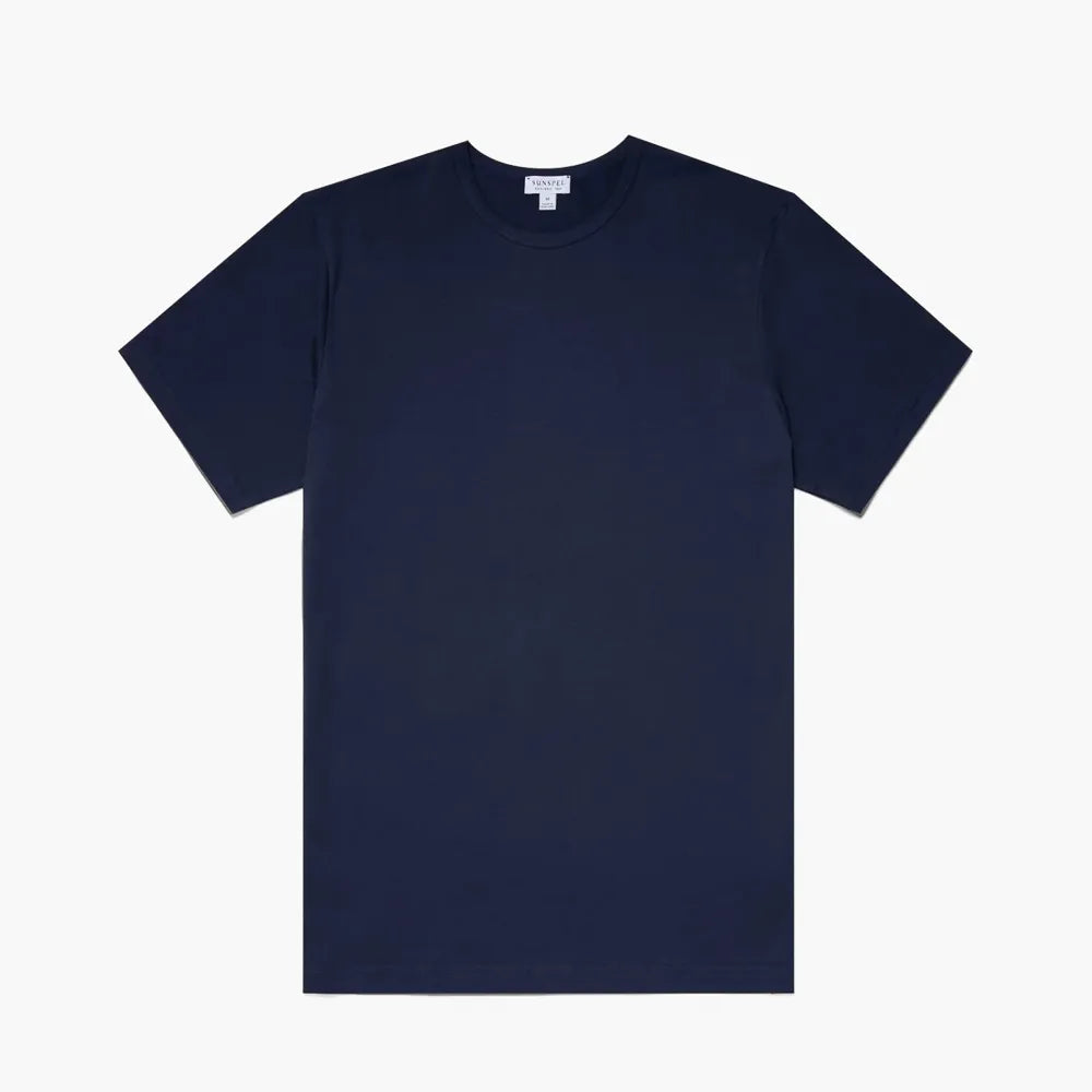 Front view of the Sunspel Classic T-shirt Navy highlighting the clean silhouette and deep navy tone.
