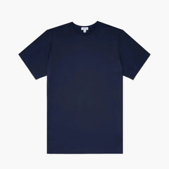 Front view of the Sunspel Classic T-shirt Navy highlighting the clean silhouette and deep navy tone.
